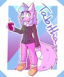 anthro beverage blue_eyes blue_hair breasts clothing coffee female fluffy fluffy_tail fur green_eyes hair small_breasts smile solo tail chainchomped tabitha_(cottontailfox) arctic_fox canid canine fox mammal true_fox absurd_res colorful_theme hi_res