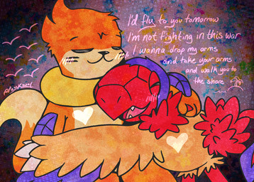 beak blue_body blue_feathers blue_tail cuddling duo eyes_closed feathers feral fur heart_symbol lyrics male male/male neck_tuft open_beak open_mouth orange_body orange_fur orange_tail red_body red_feathers red_tail smile tail tail_tuft tan_body tan_fur tan_tail teeth text tongue tuft yellow_body yellow_feathers psykwol nintendo pokemon pokemon_mystery_dungeon spike_chunsoft aerial_explorer_archen marine_explorer_buizel archen buizel fossil_pokemon generation_4_pokemon generation_5_pokemon pokemon_(species)
