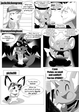 6_panel_comic ambiguous_gender anthro biped black_tail black_text cheek_spots clothing dialogue exclamation_point eyebrows eyes_closed eyewear feral goggles group hair hat headgear headwear jacket open_mouth open_smile paws quadruped question_mark sharp_teeth smile speech_bubble spikes spikes_(anatomy) standing tail talking_to_another teeth text text_box tongue topwear white_sclera heavenlyproductions nintendo pokemon sparks_pichu generation_2_pokemon generation_4_pokemon human lucario mammal pichu pokemon_(species) shinx 2024 absurd_res comic english_text hi_res monochrome