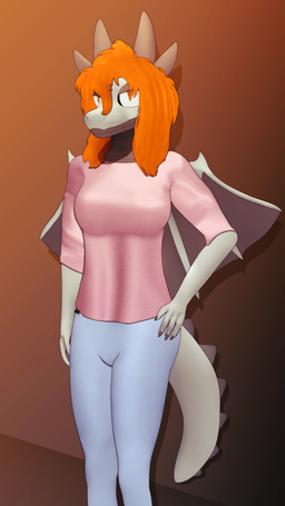 4_horns anthro bottomwear breasts clothed clothing denim denim_bottomwear denim_clothing female grey_body grey_horn grey_scales hair horn jeans multi_horn orange_hair orange_pupils pants pink_clothing pink_shirt pink_t-shirt pink_topwear pupils scales shirt slit_pupils solo t-shirt tail topwear wings conditional_dnp gusta mythology sketchella_(gusta) dragon mythological_creature mythological_scalie scalie 9:16 hi_res