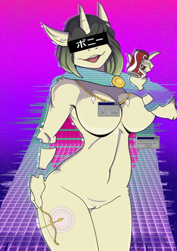 anthro beverage_can big_breasts breasts brown_hair censor_bar censored_face female fur genitals hair horn navel open_mouth solo synthwave text vulva yellow_body yellow_fur yawg mythology equid equine mammal mythological_creature mythological_equine unicorn 2021 censored digital_media_(artwork) english_text hi_res japanese_text