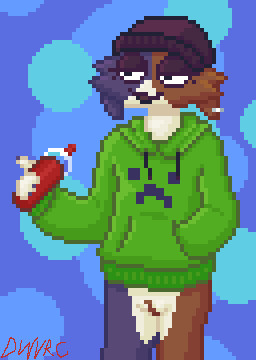 anthro bottomless bottomless_female casual_exposure clothed clothing ear_piercing female genitals hoodie looking_offscreen piercing soft_drink solo topwear vulva epic_games fortnite microsoft minecraft mojang xbox_game_studios meow_skulls creeper_(minecraft) domestic_cat felid feline felis mammal digital_media_(artwork) low_res pixel_(artwork)