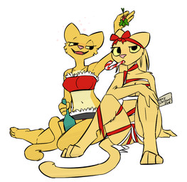3_toes alcohol anthro bandeau barefoot beverage blush bottle bottomwear breasts candy candy_cane clothed clothing container dessert drunk duo feet female food fur holidays holly_(plant) midriff navel open_mouth panty_peek paws pink_nose plant ribbons simple_background skimpy skirt smile substance_intoxication text toes topwear white_background yellow_body yellow_eyes yellow_fur josycid christmas microsoft prequel_adventure the_elder_scrolls katia_managan rajirra felid khajiit mammal