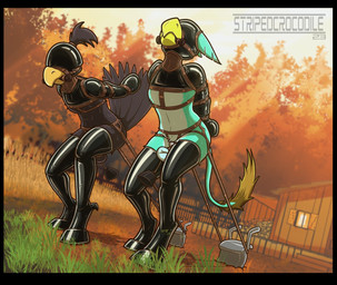 anthro armbinder balls barn bdsm beak binder_(restraint) black_body bondage bondage_gear boots bound bridle clothing duo farm feathers footwear forced gag gagged genitals hair hands_behind_back harness headgear headwear hood hoof_boots latex latex_clothing latex_headwear latex_hood latex_legwear legwear male male/male mask outside petplay plowing ponyplay restraints roleplay rubber_clothing shoes skinsuit slave submissive tail tight_clothing weights weights_on_balls stripedcrocodile mythology pure_gold_(oc) squawk_(summerlong) avian bird corvid corvus_(genus) crow gryphon mammal mythological_avian mythological_creature oscine passerine digital_drawing_(artwork) digital_media_(artwork) story story_in_description