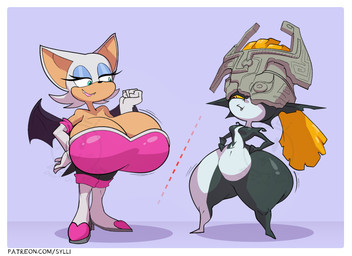 anthro armor armwear bat_wings big_breasts black_body black_bodysuit black_clothing black_ears black_nose black_skin black_skinsuit black_wings blue_background blue_body blue_eyeshadow blue_skin bodysuit border breastplate breasts clothing duo elbow_gloves eyelashes eyeshadow fangs female footwear fused_shadow gloves grey_helmet hair hand_on_hip hand_on_own_hip handwear huge_breasts huge_thighs humanoid_pointy_ears hyper hyper_breasts lips logo makeup membrane_(anatomy) membranous_wings motion_lines navel orange_hair pink_breastplate pink_lips pointy_ears red_eyes shoes shortstack shortstack_female simple_background skinsuit small_breasts smile snaggle_tooth tan_body tan_inner_ear teal_eyes teeth text thick_thighs three-quarter_view tight_clothing white_armwear white_border white_clothing white_ears white_elbow_gloves white_footwear white_gloves white_hair white_handwear white_shoes wings yellow_sclera sylli nintendo sega sonic_the_hedgehog_(series) the_legend_of_zelda twilight_princess midna rouge_the_bat bat humanoid imp mammal twili 2026 artist_logo cel_shading colored crossover digital_media_(artwork) hi_res shaded url watermark