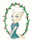 anthro black_nose blue_eyes breasts clothed clothing dress female flower fully_clothed fur inner_ear_fluff plant simple_background small_breasts solo tuft white_background white_body white_fur marema_kishin disney zootopia skye_(zootopia) arctic_fox canid canine fox mammal true_fox 2018 digital_media_(artwork)