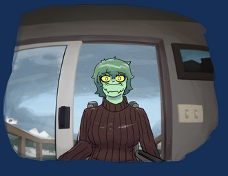 anthro anxiety big_breasts biped border breasts brown_clothing brown_sweater brown_topwear clothed clothed_anthro clothed_female clothing cloud day detailed_background disability door eyebrow_through_hair eyebrows female freckled_face freckles front_view green_body green_hair grey_eyes hair inside medium_hair non-mammal_breasts paraplegic shocked sitting sky solo sweater topwear translucent translucent_hair transparent_border vehicle wheelchair wide_eyed yellow_sclera colonel_yuri cavemanon_studios i_wani_hug_that_gator olivia_halford baryonyx dinosaur prehistoric_species reptile saurischian scalie spinosaurid theropod 2025 alpha_channel colored hi_res shaded