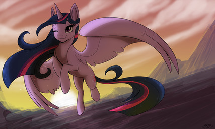 cloud cutie_mark feathered_wings feathers female feral flying fur hair horn mountain multicolored_hair one_eye_closed outside purple_body purple_eyes purple_feathers purple_fur purple_hair sky solo sparkles sunset two_tone_hair wings wink probablyfakeblonde friendship_is_magic hasbro my_little_pony mythology twilight_sparkle_(mlp) equid equine mammal mythological_creature mythological_equine winged_unicorn 2014 5:3