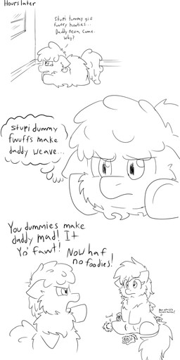 ambiguous_feral ambiguous_gender angry baby_talk covering covering_eyes covering_face dialogue featureless_feet featureless_hands feet female female_feral feral frown hair lying neonate on_front scared sitting tail teats text thought_bubble window young young_ambiguous young_feral anonymous_artist fluffy_pony fluffy_pony_(species) mammal absurd_res black_and_white comic digital_media_(artwork) english_text hi_res monochrome