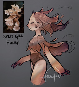 blush clothing female fungus monster_girl_(genre) not_furry panties pseudo_clothing pseudo_hair side_view simple_background solo text topwear underwear walking feefal funguary elemental_creature elemental_humanoid fungi_fauna fungi_humanoid humanoid mammal digital_media_(artwork) english_text hi_res traditional_media_(artwork)