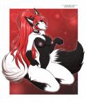 anthro areola biped black_body black_fur blue_eyes breasts female fur hair kneeling navel nipples red_hair simple_background solo white_body white_fur amur leah_(lipton) canid canine fox mammal 2019 hi_res