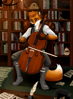 anthro book bowed_string_instrument cello clock ink inner_ear_fluff library loose_feather male music musical_instrument quill rug solo string_instrument text tuft solapi_(artist) canid canine fox mammal absurd_res english_text hi_res url