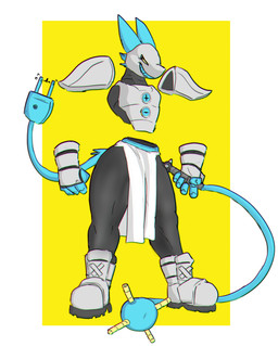 anthro armor black_body blue_ears blue_tail blue_teeth bottomwear cheek_spikes clothed clothing eyelashes facial_spikes female female_anthro front_view grey_body grin holding_object holding_whip loincloth machine narrowed_eyes rayman_anatomy simple_background smile solo spikes spikes_(anatomy) standing tail teeth whip white_bottomwear white_clothing white_loincloth yellow_background hardscales deltarune undertale_(series) tasque_manager darkner felid feline mammal robot full-length_portrait hi_res portrait