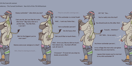 anthro armor belly big_breasts black_hair blush bodily_fluids bottomwear bra breast_grab breasts brown_eyes butt claws clothing cum cum_on_penis dialogue ejaculation erection exhibitionism flag flashing fondling foreskin genital_fluids genitals greaves green_body green_skin gynomorph hair hand_on_breast headgear helmet intersex intersex/male inverted_nipples loincloth lore male markings masturbation_encouragement multicolored_body multicolored_skin nipples offscreen_male pale_skin penis ponytail profanity self_fondle side_view simple_background smile solo spots spotted_body tail text tongue tongue_out toothy_grin tusks underwear undressing dtstat animal_humanoid humanoid mammal mammal_humanoid suid suid_humanoid suine suine_humanoid english_text hi_res