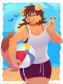 anthro ball basketball_shorts beach beach_ball bottomwear clothing collar female gesture hand_gesture inflatable one_eye_closed shorts solo spaghetti_strap v_sign wink orangfloof buttercup_(jayrnski) canid canine mammal hi_res