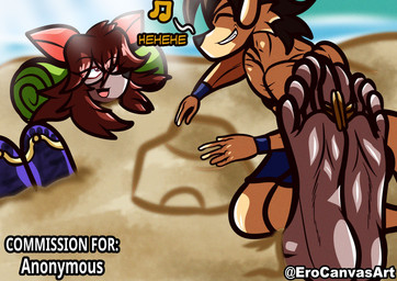 5_toes anthro beach blue_bottomwear blue_clothing blue_shorts blue_wristband bottomwear brown_body brown_fur brown_hair buried buried_in_sand clothing duo eyewear feet female feral flip_flops floppy_ears folded_ears foot_fetish foot_focus foot_markings footwear fur glasses hair humanoid_feet laugh leg_markings long_hair male male/female markings mouse_ears muscular muscular_male one_eye_closed onomatopoeia pink_ears plantigrade pointy_ears prick_ears purple_eyes purple_flip_flops red_hair round_glasses sand sand_castle sandals sculpture shaded_face shoes shorts smile smirk sound_effects tan_body tan_fur text toe_restraints toes toes_tied towel wink winking_at_another wristband cabimangaka erocanvasart evelyn_mus_(erocanvasart) nathan_spaniel_(erocanvasart) canid canine canis domestic_dog mammal mouse murid murine rodent absurd_res commissioner_name hi_res shaded signature