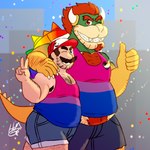 anthro bear_pride_colors bisexual_pride_colors bottomwear city city_background clothing confetti duo gesture hairy hand_gesture hat headgear headwear lgbt_pride male male/male musclegut muscular one_eye_closed overweight pride_color_accessory pride_color_clothing pride_colors shirt shorts tank_top thumbs_up topwear v_sign wink dropsofmoonlight lgbt_pride_month mario_bros nintendo bowser mario human humanoid koopa mammal scalie 1:1 hi_res