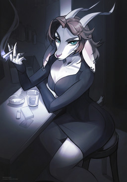 anthro ashtray beverage black_clothing black_topwear blue_eyes brown_hair cigarette clothed clothing ear_piercing ear_ring female female_anthro glistening glistening_eyes grey_body hair holding_cigarette holding_object horn industrial_piercing inside looking_at_viewer mouth_closed piercing ring_piercing short_hair sitting solo topwear white_body unknowhiter bovid caprine goat mammal hi_res