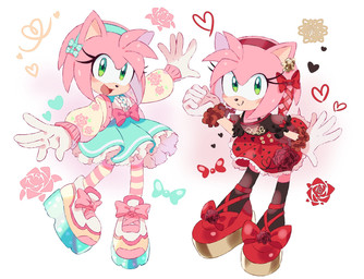accessory alternate_costume alternative_fashion anthro black_clothing black_footwear black_socks clothing dress eyelashes female footwear gloves green_eyes hair hair_accessory hairband handwear j-fashion legwear lolita_(fashion) pattern_clothing pattern_footwear pattern_legwear pattern_socks pink_hair red_clothing red_dress red_footwear red_shoes shoes smile socks solo striped_clothing striped_footwear striped_socks stripes sweet_lolita teal_clothing teal_dress white_clothing white_gloves white_handwear ririkuma sega sonic_the_hedgehog_(series) amy_rose eulipotyphlan hedgehog mammal hi_res multiple_images