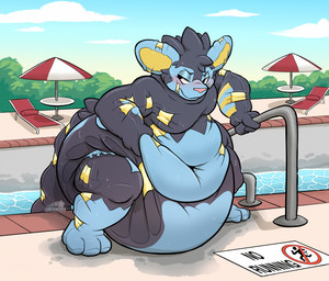 anthro anthrofied belly big_belly big_diaper biped black_body blue_body blush clothed clothing detailed_background diaper diaper_tape embarrassed long_tail male multicolored_body outside overweight pink_nose pokemorph sagging_diaper solo swimming_pool tail text toony unclean_diaper waterlogged_diaper wearing_diaper yellow_body waddlyderg nintendo pokemon fan_character jordan_shinespark animate_inanimate diaper_creature generation_4_pokemon luxray pokemon_(species) 2025 digital_media_(artwork) english_text hi_res signature story story_in_description