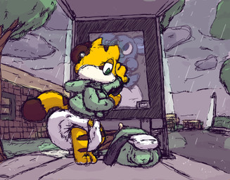 ambiguous_gender anthro baby_bottle barefoot big_diaper brick brick_wall brown_body brown_ears brown_fur brown_stripes brown_tail brown_tail_tip bus_stop cellphone clean_diaper clothed clothing cloud diaper diaper_bag dipstick_tail electronics feet folded_diaper fur grass green_clothing green_hoodie green_topwear holding_object holding_phone hoodie huge_diaper looking_down markings multicolored_body multicolored_fur narrowed_eyes on_phone outside phone plant poster public raining road side_view sky smartphone solo standing street_lamp striped_body striped_fur striped_markings striped_tail stripes tail tail_markings topwear tree two_tone_tail wall_(structure) wearing_diaper white_body white_diaper white_fur white_inner_ear yellow_body yellow_fur yellow_tail boredomwithfriends ace_(boredomwithfriends) felid mammal pantherine tiger full-length_portrait hi_res portrait