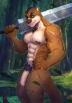 abs anthro areola armpit_hair band-aid bandage barbell_piercing bared_teeth biceps big_sword big_weapon biped black_hair blue_eyes body_hair brown_body brown_fur claws ear_piercing eyebrow_piercing facial_piercing flaccid foreskin fur genitals glans grin hair hand_on_hip holding_melee_weapon holding_object holding_sword holding_weapon humanoid_genitalia humanoid_penis looking_at_viewer male melee_weapon multicolored_body multicolored_fur muscular muscular_anthro muscular_male nipple_barbell nipple_piercing nipples nude partially_retracted_foreskin pecs penis piercing pink_nipples pose pubes purple_glans scar smile solo standing sword two_tone_body two_tone_fur weapon weapon_on_shoulder white_body white_fur dimtarius mammal mustelid otter digital_drawing_(artwork) digital_media_(artwork) hi_res portrait sketch three-quarter_portrait