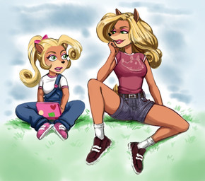 anthro blonde_hair blush clothing computer duo electronics female female/female fur hair laptop lipstick long_hair makeup overalls ponytail smile alinajames activision crash_bandicoot_(series) coco_bandicoot tawna_bandicoot bandicoot mammal marsupial