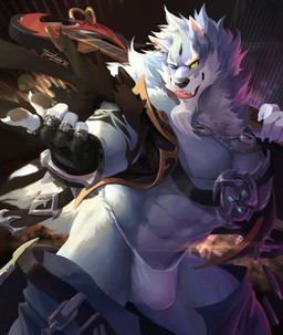 5_fingers abs anthro arm_tattoo asian_clothing beard belt biceps biped black_nose bottomwear bottomwear_down bulge clothed clothing east_asian_clothing electric_guitar facial_hair fingerless_gloves fingers fundoshi fur gloves grey_body grey_fur grey_tail guitar handwear holding_guitar holding_musical_instrument holding_object humanoid_hands japanese_clothing male muscular muscular_anthro muscular_male musical_instrument one_eye_closed orange_eyes pants pants_down partially_clothed pawpads pecs plucked_string_instrument solo string_instrument tail tattoo underwear white_body white_fur yellow_sclera tigerlukke sdorica law_(sdorica) canid canine canis mammal wolf 2020 colored hi_res signature