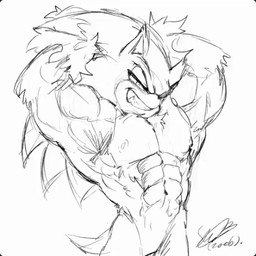 abs anthro flexing flexing_bicep flexing_both_biceps male smile smiling_at_viewer solo f-sonic sega sonic_the_hedgehog_(series) sonic_unleashed sonic_the_werehog 1:1 monochrome sketch
