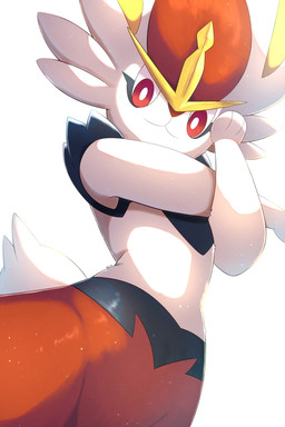 ambiguous_anthro ambiguous_gender anthro biped fur multicolored_body multicolored_fur nude_ambiguous nude_anthro red_eyes solo standing stretching tail white_body white_ears white_fur white_tail yellow_inner_ear rumine nintendo pokemon cinderace generation_8_pokemon pokemon_(species) 2:3 hi_res