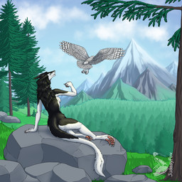 anthro claws duo feathered_wings feathers female feral flying forest fur hair long_hair long_tail looking_at_another outdoor_nudity outside plant sitting sky tail tree wings judasyfox avian bird owl sergal 1:1 absurd_res hi_res