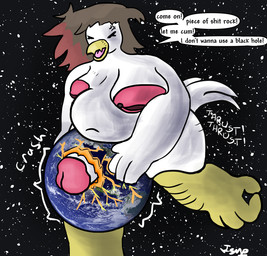 anthro cross-popping_vein destruction dialogue earth feathers feet genitals gynomorph highlights_(coloring) intersex inverted_nipples macro nipple_piercing nipples overweight overweight_gynomorph overweight_intersex penis piercing planet planet_destruction planet_penetrated profanity solo space speech_bubble tail tail_feathers talons terra_macro text toes unable_to_cum ishitmypants charlotte_(ishitmypants) avian bird chicken galliform phasianid english_text herm_(lore)
