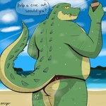 anthro beach bodily_fluids body_hair clothing male overweight overweight_male solo sunscreen sweat swimwear enyuskii crocodile crocodilian reptile scalie hi_res