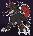 ambiguous_gender black_body black_fur collar excited excited_face eyes_closed facial_markings feral fur head_markings holy_ring markings paws quadruped red_body red_fur red_nose solo tail wristband tickout bandai_namco data_resistance_squad_scar digimon asher_(data_resistance_squad) asher_(razim) digimon_(species) labramon 2025 hi_res