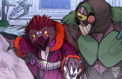 anthro belt blueprint bone clothing exposed_chest glowing glowing_eyes group laboratory laser looking_at_another male robe robotic scientist skull staff technology band1tnsfw avian bird mammal pilosan sloth xenarthran digital_drawing_(artwork) digital_media_(artwork)