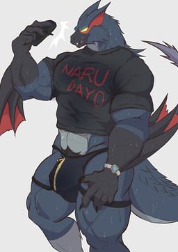 abs anthro beak biceps black_body black_clothing black_fur black_jockstrap black_topwear black_underwear bodily_fluids body_hair bulge clock clothing fur jockstrap male muscular muscular_anthro muscular_male pubes shirt simple_background solo standing sweat tail text topwear tphone underwear watch white_background wings yellow_eyes zipper geryorias capcom monster_hunter flying_wyvern nargacuga 2025 absurd_res digital_media_(artwork) hi_res