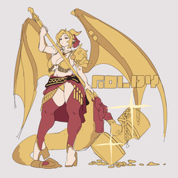 2_horns accessory big_breasts big_tail big_wings bikini blonde_hair breasts clothing ear_piercing ear_ring female footwear gold_(metal) grey_background hair hair_accessory hair_ribbon hammer hammer_(weapon) high_heels holding_hammer holding_object holding_tool horn huge_wings humanoid_pointy_ears legwear long_tail looking_at_viewer membrane_(anatomy) membranous_wings navel piercing pointy_ears red_clothing red_legwear red_thigh_highs ribbons ring_piercing shoes short_hair shoulder_armor simple_background solo sparkles swimwear tail text thigh_highs tools two-piece_swimsuit wide_hips wings yellow_bikini yellow_body yellow_clothing yellow_footwear yellow_high_heels yellow_horn yellow_swimwear yellow_tail yellow_wings gyrbdark epid_games mythology trickcal goldy_(trickcal) animal_humanoid dragon dragon_humanoid humanoid mythological_creature mythological_scalie scalie 1:1 2026 absurd_res character_name colored_sketch digital_drawing_(artwork) digital_media_(artwork) flat_colors full-length_portrait hi_res portrait sketch