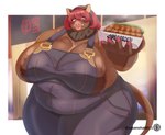 anthro areola areola_slip big_breasts black_clothing black_overalls border breasts brown_body brown_fur brown_nipples cleavage clothed clothing colored_nails curvy_figure eyelashes fangs female fingernails food fur glistening glistening_body hair holding_food holding_object huge_breasts huge_hips looking_at_viewer medium_hair nails nipples overalls overalls_only overweight overweight_anthro overweight_female red_fingernails red_hair red_nails solo tail teeth thick_thighs voluptuous white_border wide_hips sasanoha6011 mammal suid suine sus_(pig) wild_boar absurd_res hi_res