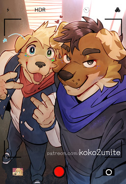 5_fingers anthro bicolor_fur biped blonde_hair brown_body brown_fur clothed clothing duo fingers fur gesture grin hair hand_gesture high-angle_view hoodie jacket looking_at_viewer male male_anthro neckwear open_mouth scarf selfie smile smiling_at_viewer smirk smirking_at_viewer spiky_hair tan_body tan_fur text tongue tongue_out topwear tuft v_sign wide_eyed yellow_body yellow_fur koko2unite bird_dog canid canine canis domestic_dog golden_retriever hunting_dog mammal retriever 2025 cel_shading digital_drawing_(artwork) digital_media_(artwork) shaded url
