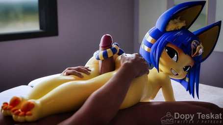 anthro bangs blue_body blue_ears blue_fur blue_hair blush bob_cut breasts butt butt_grab dark_body dark_skin detailed_background duo egyptian female female_on_human fur genitals hair hand_on_butt human_on_anthro indoor_nudity indoor_sex inner_ear_fluff inside interspecies larger_human larger_male looking_at_another looking_at_partner looking_back looking_back_at_another looking_back_at_partner male male/female male_on_anthro markings multicolored_body multicolored_fur nipples nude pawpads paws penis ring_(marking) ringed_tail sex size_difference small_breasts smaller_anthro smaller_female smile striped_markings striped_tail stripes tail tail_markings text thigh_sex tuft two_tone_body two_tone_fur uraeus yellow_body yellow_fur yellow_inner_ear yellow_inner_ear_fluff sashacakes zy0n7_(modeler) animal_crossing nintendo ankha_(animal_crossing) domestic_cat felid feline felis human mammal 16:9 2022 3d_(artwork) digital_media_(artwork) widescreen