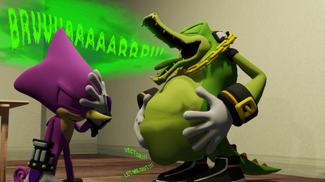abdominal_bulge ambiguous_gender ambiguous_prey annoyed anthro burp_cloud burping chain clothing dialogue duo electronics eyes_closed facepalm gloves gold_(metal) gold_chain green_body green_scales hand_on_belly handwear headphones looking_pleasured male male_pred purple_body purple_scales scales standing struggling struggling_prey text unwilling_prey vore white_clothing white_gloves white_handwear vorefan16 sega sonic_the_hedgehog_(series) espio_the_chameleon vector_the_crocodile chameleon crocodile crocodilian lizard reptile scalie 16:9 2021 3d_(artwork) digital_media_(artwork) english_text hi_res widescreen