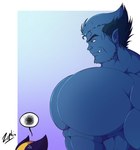 abs anthro big_muscles big_pecs blue_body blue_fur clothed clothing fur huge_muscles huge_pecs hyper hyper_muscles hyper_pecs male muscular muscular_anthro muscular_male pecs simple_background size_difference smile solo standing topless zephir girl_staring_at_man's_chest marvel x-men beast_(marvel) hank_mccoy wolverine_(marvel) human humanoid mammal absurd_res digital_media_(artwork) hi_res meme