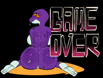 anthro back_boob band-aid band-aid_on_butt bandage bandage_on_butt bare_back black_background bodily_fluids breasts countershading feet female female_anthro genitals looking_back mouth_closed non-mammal_breasts nude nude_anthro nude_female orange_sclera pupils purple_body short_tail simple_background sitting slit_pupils solo tail tears text toes vulva wounded mooncheese kama_(mooncheese) amphibian frog 2025 digital_drawing_(artwork) digital_media_(artwork) english_text full-length_portrait portrait