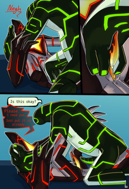1_eye 4_fingers becoming_erect begging black_body blue_background circuit_markings countershading dialogue duo fingers genitals glistening glistening_body gradient gradient_penis green_markings green_penis intersex intersex/male light lying male maleherm markings metallic_body moan not_furry on_back onomatopoeia overweight penis red_markings silver_countershading simple_background sound_effects speech_bubble star_(marking) tail tapering_penis text touching_crotch touching_penis vulva white_body white_countershading lumen_fox ben_10 cartoon_network aether_(strawberryoverlord) fan_character malware_(ben_10) alien galvanic_mechamorph goo_creature comic english_text hi_res lighting shaded