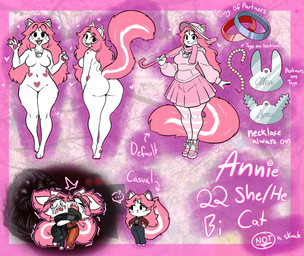 anthro barefoot biped bodily_fluids bottomwear breasts butt casual_clothing casual_nudity clothed clothed_anthro clothed_female clothing crying ear_piercing featureless_breasts featureless_crotch feet female female_anthro footwear front_view fur hair hate heart_symbol hug jewelry legwear looking_back multicolored_body multicolored_fur necklace nude nude_female pawpads piercing pink_body pink_clothing pink_fur pink_hair pink_legwear pink_thigh_highs polyamorous rear_view ring scarf shoes skirt skunk_tail solo stated_age stated_sexuality stated_species sweatshirt tears text thigh_highs two_tone_body two_tone_fur two_tone_tail umbrella white_body white_fur anonymous_artist annie_(annieanski) domestic_cat felid feline felis mammal 2025 hi_res model_sheet genderfluid_(lore) nonbinary_(lore)