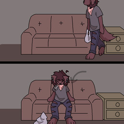 anthro bag blue_bottomwear blue_clothing blue_jeans blue_pants bottomwear brown_body brown_fur brown_hair clothing denim denim_bottomwear denim_clothing ear_piercing exhausted floppy_ears fur furniture grey_clothing grey_shirt grey_topwear hair jeans kerchief male pants piercing pink_kerchief shirt sofa solo tail topwear ashblondekittyy rex_(ashblondekittyy) canid canine canis domestic_dog mammal 1:1 comic