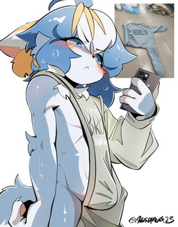 anthro blue_eyes blue_hair blush blush_lines bodily_fluids cellphone clothing_bulge cutaway electronics fur grey_body grey_fur hair half_clothed looking_at_object looking_at_phone male orange_hair pawpads phone sad smartphone solo sweat three-quarter_view white_hair szangsedezhua01 brooklyn_sweater canid canine mammal 2023 dated digital_drawing_(artwork) digital_media_(artwork) hi_res shaded signature simple_shading