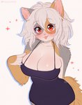 anthro big_breasts blep breasts clothed clothing female fur grey_body grey_fur hair looking_at_viewer red_eyes simple_background solo tongue tongue_out white_background white_body white_fur white_hair yellow_body yellow_fur strawbee_fox arcanis_(hahaluckyme) calico_cat domestic_cat felid feline felis mammal hi_res signature