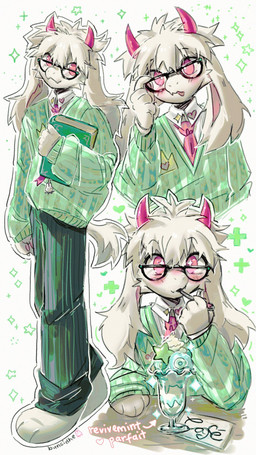 accessory ambiguous_gender anthro beverage blush blush_lines book clothing cutlery dairy_products eyebrow_thorugh_hair eyewear fangs food fur glasses hair heart_symbol holding_book holding_object horn kitchen_utensils necktie open_mouth pawpads paws pink_eyes plus_sign simple_background solo sparkles spoon spoon_in_mouth star_symbol tail teeth text tools whipped_cream white_body white_fur white_hair bunsidhe deltarune undertale_(series) ralsei bovid caprine mammal 2026 9:16 english_text hi_res male_(lore)