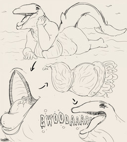 anthro anthro_pred baleen burping duo feet_first female female_pred guts hand_on_head human_prey intestines lying macro macro_pred male multiple_stomachs on_front organs sound_effects text uvula vore dokudoku111 aquatic baleen_whale cetacean human mammal whale 2026 hi_res sequence sketch watermark